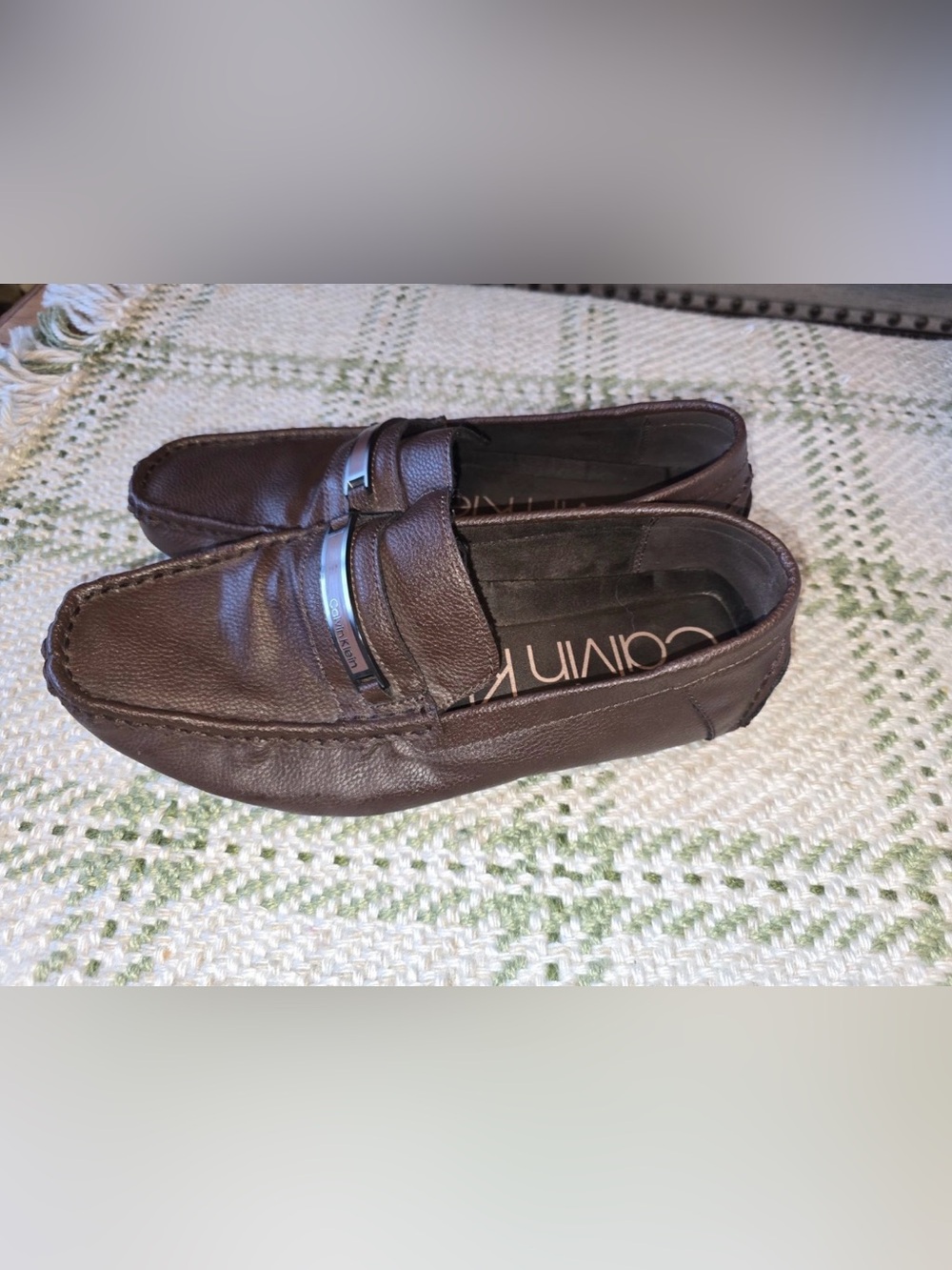 Calvin Klein Dark Brown Leather Penny Loafers with Silver Bit